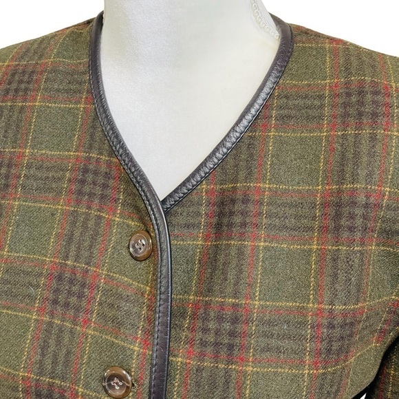 Vintage Pendleton Wool Plaid Leather Trim Jacket Blazer Size 8 Olive/Brown - Picture 2 of 12